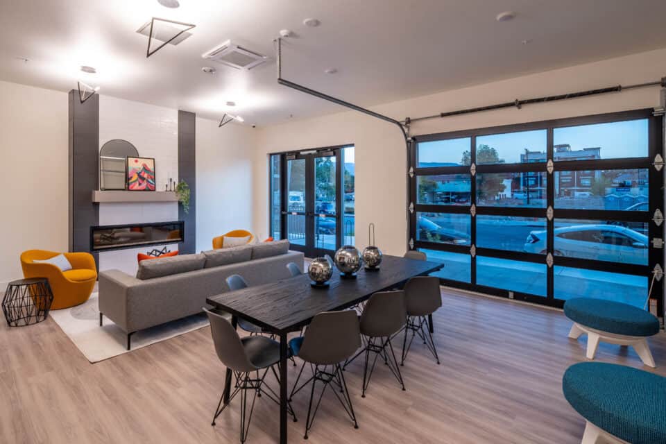 Dining Table and Closed Garage Door in Community Clubhouse