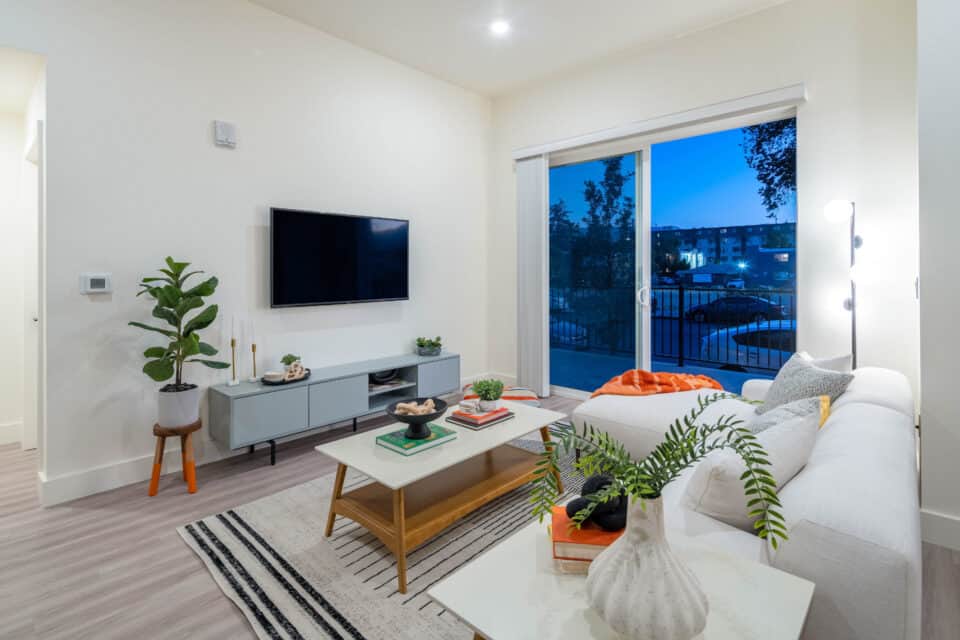 Living Room with Nightlife Outside Window